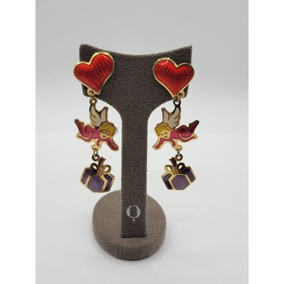 Berbei Long Cherub heart and present dangle Pierced Earrings - Picture 2 of 9